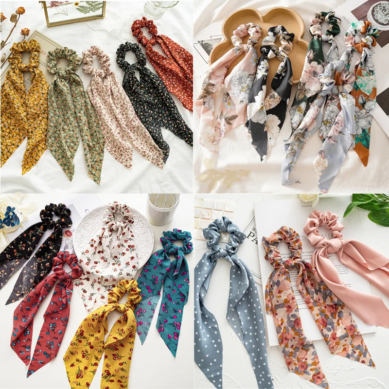 flower hair clips New Fashion Print Bow Scrunchies Hair Ribbon For Women Elastic Hair Band Girls Horsetail Hair Ties Hair Accessories small hair clips