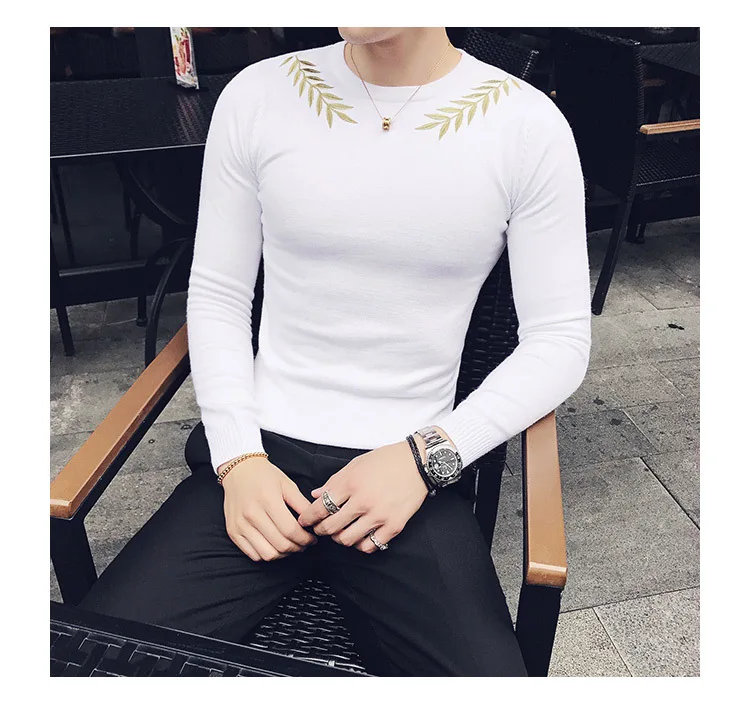 Embroidery Male Sweaters For Men Camisolas Homens Black White Grey Brown Stylish Slim Fit Elegant Sweater Hombre Kazak Erkek