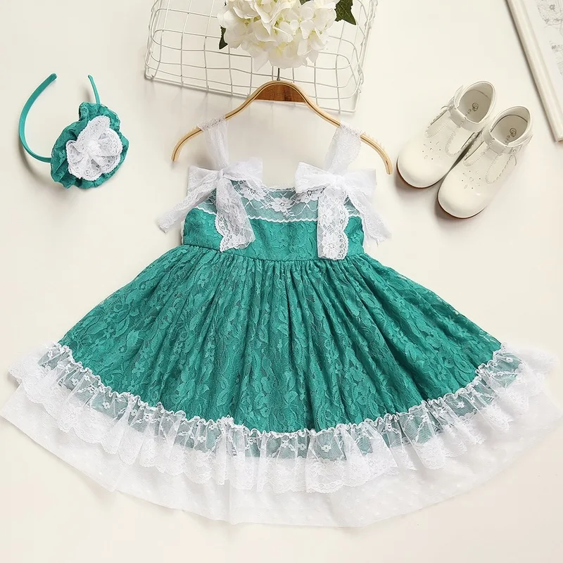 Cutestyles/новейшее зеленое платье для маленьких девочек кружевное платье с цветочным принтом и бантом; Детская летняя одежда без рукавов; EG-DMGD201-C134