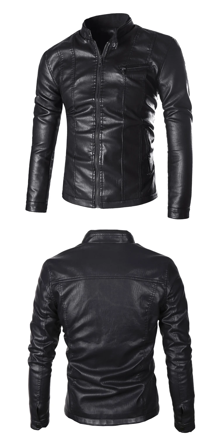 Solid color leather jacket men's winter plus velvet stand collar stitching slim warm faux leather coat thick men's clothing leather vests