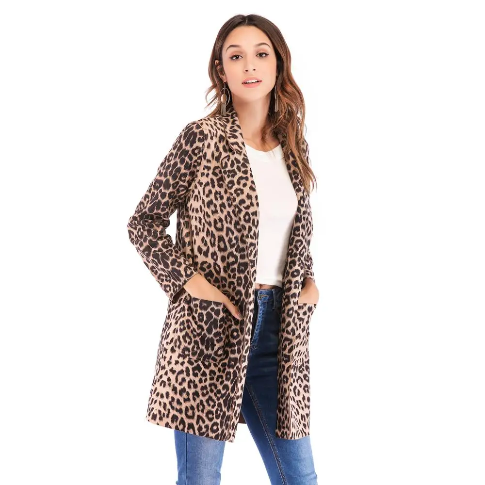 Куртка с леопардовым принтом, женская модная верхняя одежда средней длины, Женские винтажные куртки с длинными рукавами и отложным воротником на осень и зиму