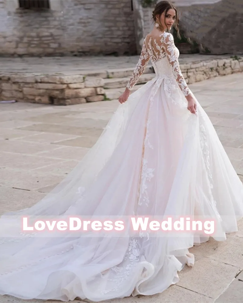 Customized Luxury Pink Long Sleeve Wedding Dress Ball Gown Lace Appliques O-Neck Button Royal Train Bride Gowns Vestido Princess 2