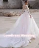 Customized Luxury Pink Long Sleeve Wedding Dress Ball Gown Lace Appliques O-Neck Button Royal Train Bride Gowns Vestido Princess 2