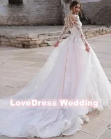 Customized Luxury Pink Long Sleeve Wedding Dress Ball Gown Lace Appliques O-Neck Button Royal Train Bride Gowns Vestido Princess 2