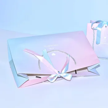 

10Pcs Wedding Party Favors Paper Gift Bags for Packaging Craft Paper Bags with Gradient Ribbon Bow Handles Christmas Gift bags