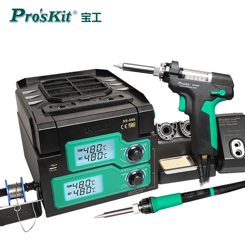 US $474.65 ProsKit SS988 Soldering Station Digital LCD Display 220V Smoke Exhaust Soldering Iron For SMD Desoldering Rework Station
