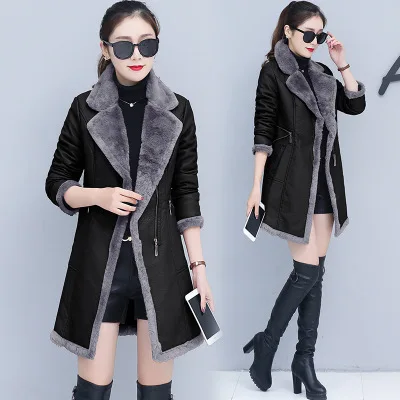 Dark gray Женское пальто из искусственной кожи; большие размеры; Длинная Куртка из искусственной кожи; сезон осень-зима; новое модное бархатное теплое пальто с длинными рукавами и отворотами; LR687 - Цвет: Dark gray