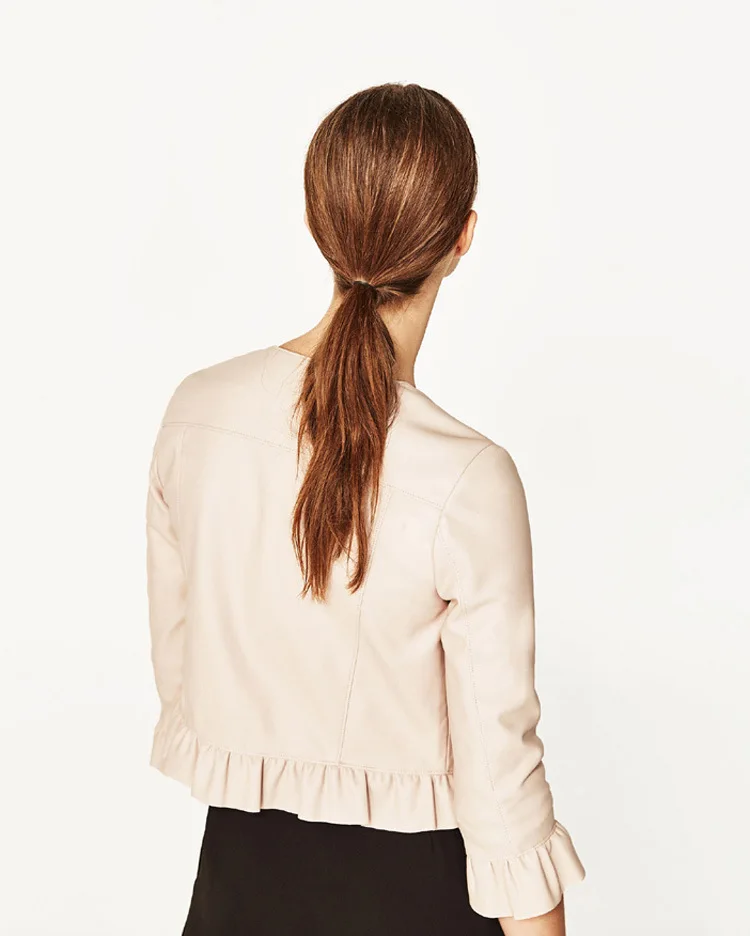 Flounced Three-quarter-length Sleeve Crew Neck Leather Coat Spring And Autumn New Style Europe And America Short Women's Lo