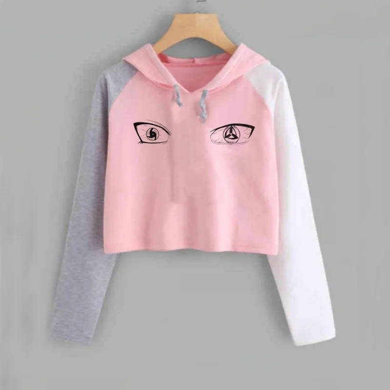 Harajuku аниме толстовки для женщин Наруто укороченная Толстовка Uchiha Uzumaki Hatake Eyes пуловер с рисунком толстовка хип хоп Уличная - Цвет: 16
