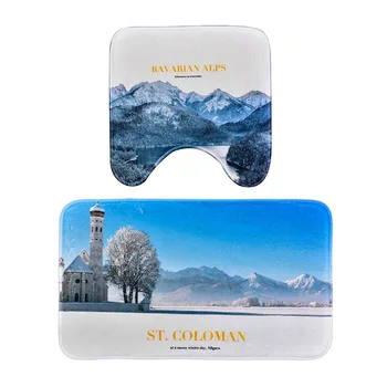 

2PCS Soft Bath Mat U-shaped & Rectangle Winter Scenery Polyester Absorbent Anti-slip Rug for Home