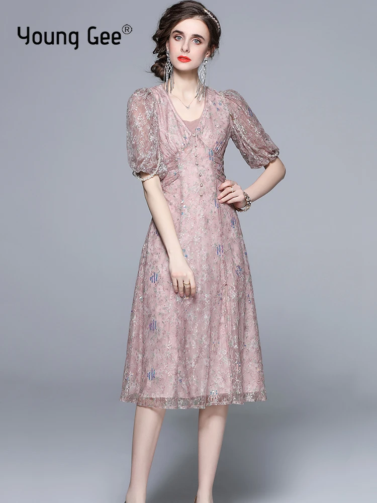 

Young Gee French Vintage Midi Dress Women Puffer Sleeve Office Elegant Embroidery Floral Lace Side Split Dresses vestidos mujer