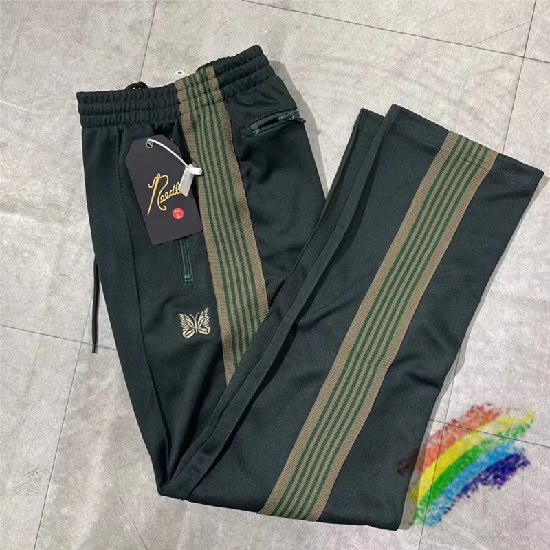 

Green Stripe Needles Pants Men Women 1:1 High Quality AWGE Butterfly Embroidered Logo Needles Track Pants Trousers