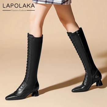 

Lapolaka Hot Sale 2021 Genuine Leather Luxury Boots Women Shoes Mature Fashion Zipper Cross Tied Knee High Boots Ladies