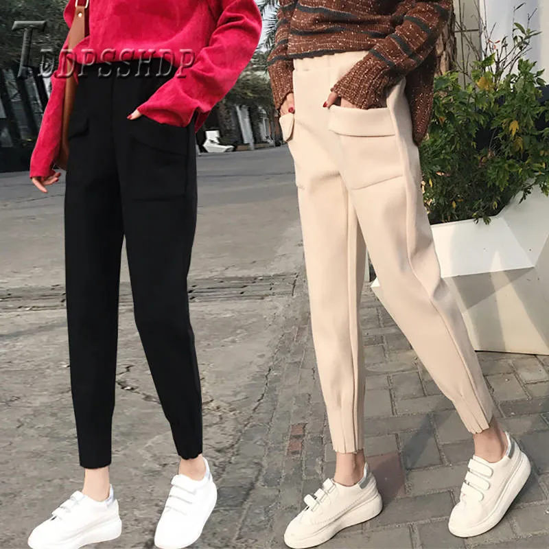 Thick Woolen Women Pants Preppy Style New Korean Slim Female Harem Trousers
