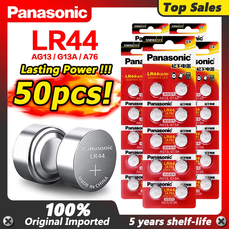 Panasonic 50 шт. 1 5 В LR44 AG13 LR 44 цинковая батарея Pilas A76 D303 D357 D76A G13 G13A GP76 GPA76 кнопки монетные