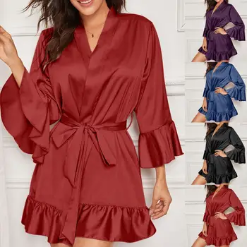 

Sexy Nightgown Lingerie Fashion Nightdress Women Silk Kimono Lingerie Belt Bath Robe Nightwear sexy Sleepwear пижама женская A40