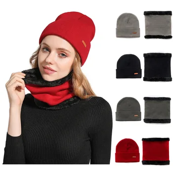 

Winter Adult and Children Solid Color Acrylic Knit Beanies Hat And Velvet Scarf 2 Pieces Set