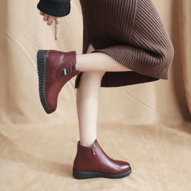 Coolcept Ankle Boots For Women Plush Fur Warm Winter Mom Shoes Women Fashion Zipper Round Toe Cotton Footwear Size 35-39