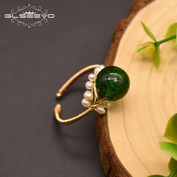 

GLSEEVO Green Glass Natural Fresh Water Pearl Ring For Women Girl Lovers' Wedding Engagement Party Gift Luxury Jewellery GR0252