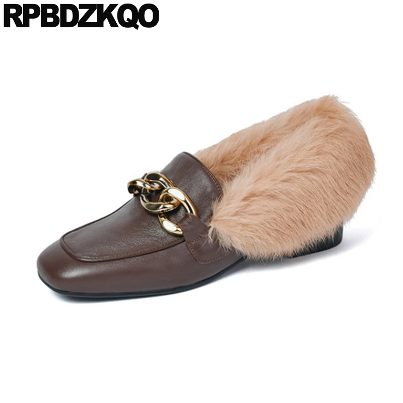 Mocasines planos chinos con punta cuadrada para y niña, zapatos de vestir, piel marrón, con cadena de Metal, para fiesta|Zapatos planos de mujer| - AliExpress