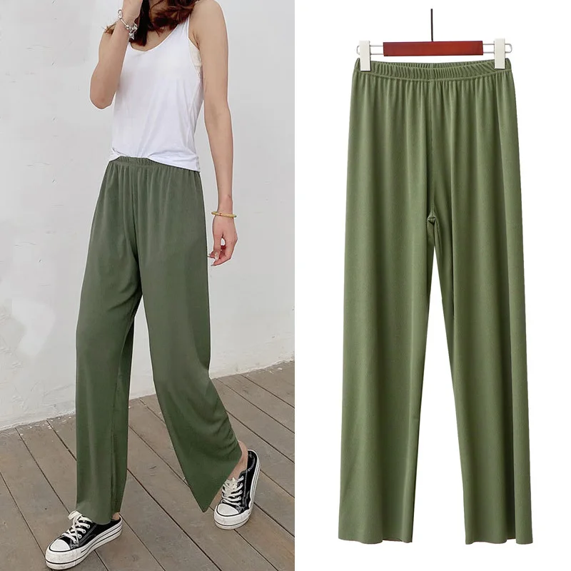 Pantalones largos rectos para mujer, pantalón informal de seda fría, cintura alta elástica, prendas de vestir, holgados, primavera y verano