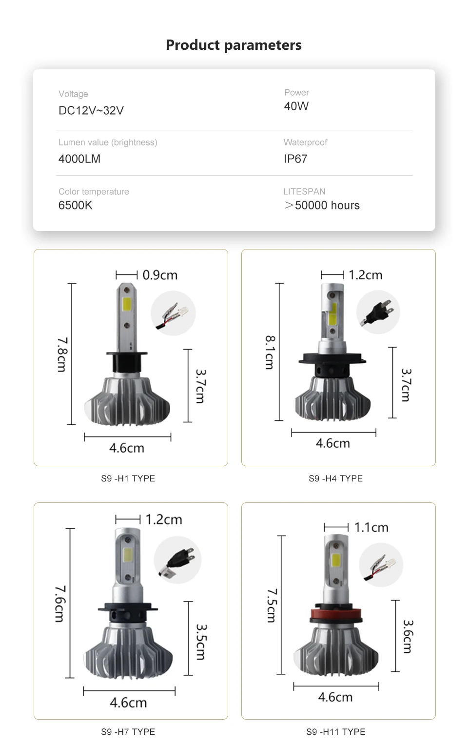 AOSHIKE из 2 предметов S9 12V автомобильный светодиодный фары H1 H4 H7 H11 COB Алюминий сплав S9 8000LM фар автомобиля светодиодный Интерфейс лампы для H1