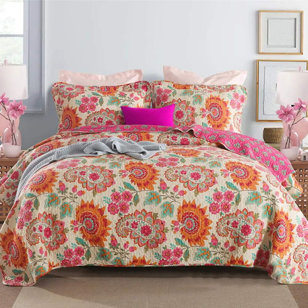 

Cotton Bedspread Quilt Sets 3PCS Floral Pattern Countryside Coverlet Sofa Blanket Beddings For Home Hotel Washable Pillow Case