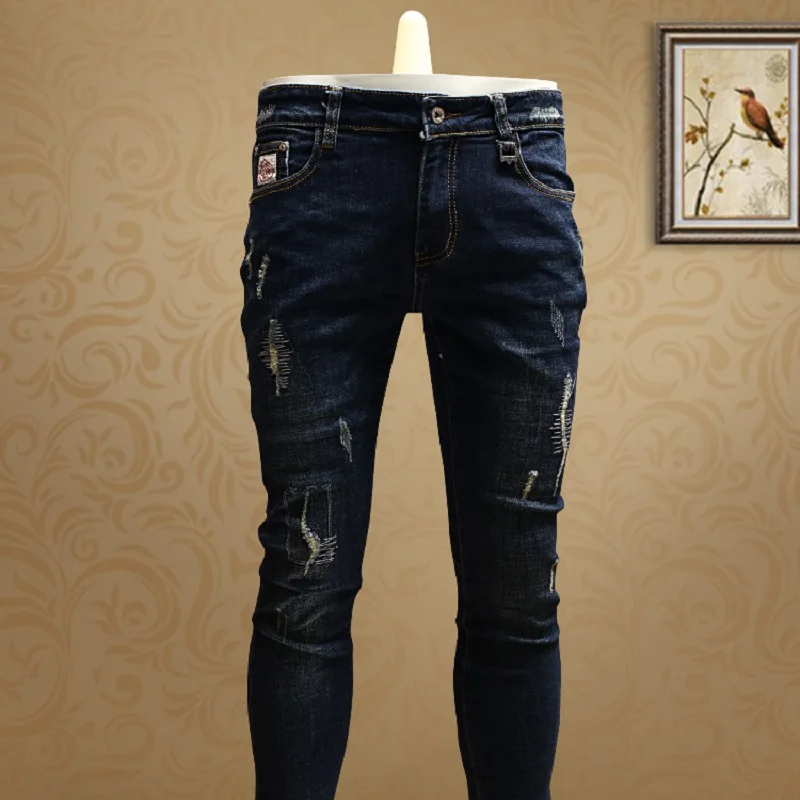 Fashion Skinny Ripped Blue Jeans Men Quality Cotton Streetwear Slim Fit Straight Stretch Denim Pants