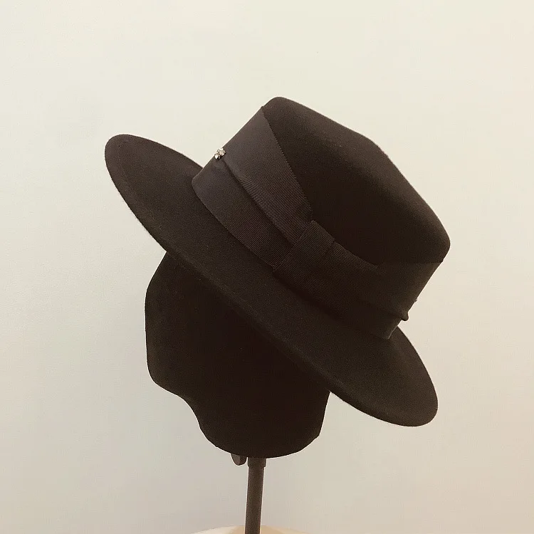 01909-yuan Зимняя шерстяная Женская Шляпа Fedora на плоской подошве с бантом женская шляпа для отдыха Панама