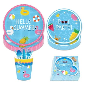 

Summer Happy Birthday Party Decorations Baby Showe Swimming Pool Disposable Plates Napkins Cups Tableware Sets Kids Party Favors