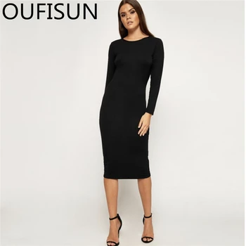 

Oufisun Long Sleeve Sexy Bodycon Dress Women 2020 Spring Summer Women Basic Solid Dress Casual O Neck White Black Long Dresses