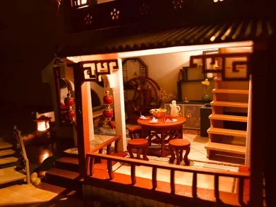 bonecas com arquitetura chinesa, miniaturas com móveis