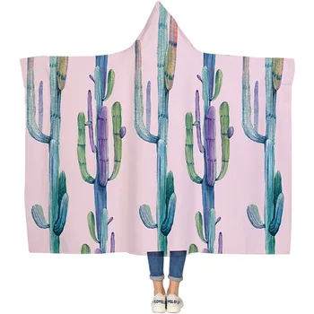 

Desert Cactus Printed Double Velvet Soft Hooded Blanket sherpa blanket Warm Home Sofa Wearable Fleece Watching Blanket Quilt