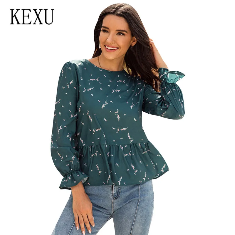 

KEXU Korean Style Sweet Little Floral Print Ruffled Hem T-shirts Elegant O Neck Long Sleeve Casual Top Autumn Stylish T-shirts