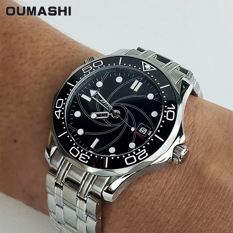 Автоматические Мужские часы Oumashi 007 43 мм с черным циферблатом и керамическим ободком, водонепроницаемые светящиеся механические часы из нержавеющей стали