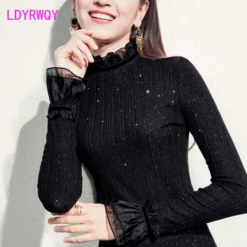 

bottoming shirt female 2019 autumn and winter new wooden ear half-high collar fairy plus velvet top with long-sleeved t-shirt