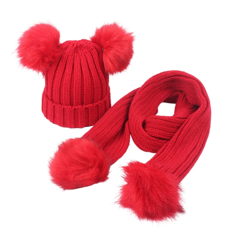 

Toddler Kids Winter Warm Ribbed Knit Beanie Hat with Long Scarf Set Solid Color Cute Double Pom Pom Ear Cuffed Skull Cap