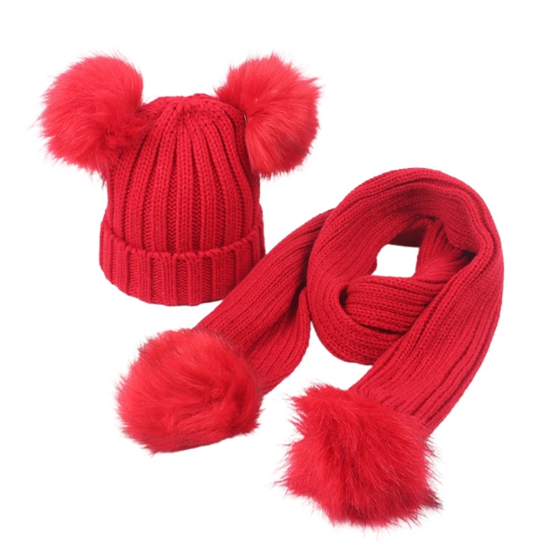 Toddler Kids Winter Warm Ribbed Knit Beanie Hat with Long Scarf Set Solid Color Cute Double Pom Pom Ear Cuffed Skull Cap
