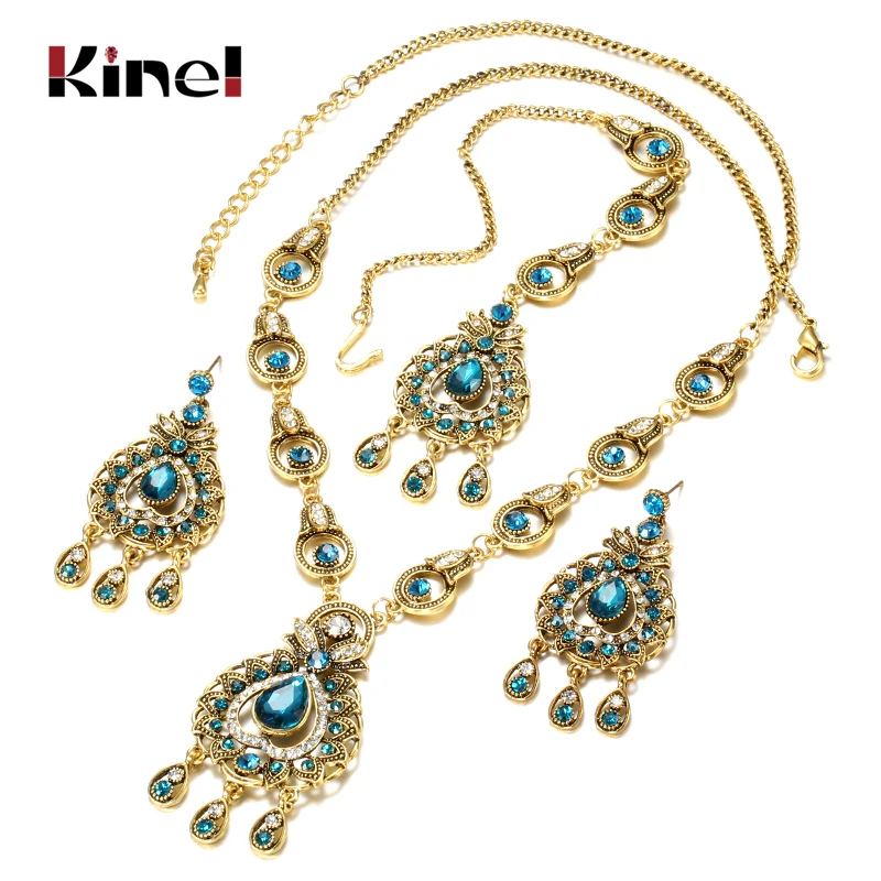 Bridal Jewelry Sets Vintage Look Jewelry Sets Pendants Necklace Earring For Women Gold-Color Mosaic Blue Crystal Party Gifts