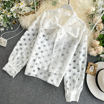

Spring 2020 New Hollow Perspective Polka Dot Large Bow Long Sleeve Shirt Solid Color Female Loose Blouse Elegant Tops