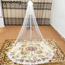 Real Photos Bling Sequins Partial Lace Edge One Layer Cathedral Wedding Veil with Comb Elegant Bridal Veil Velo De Novia