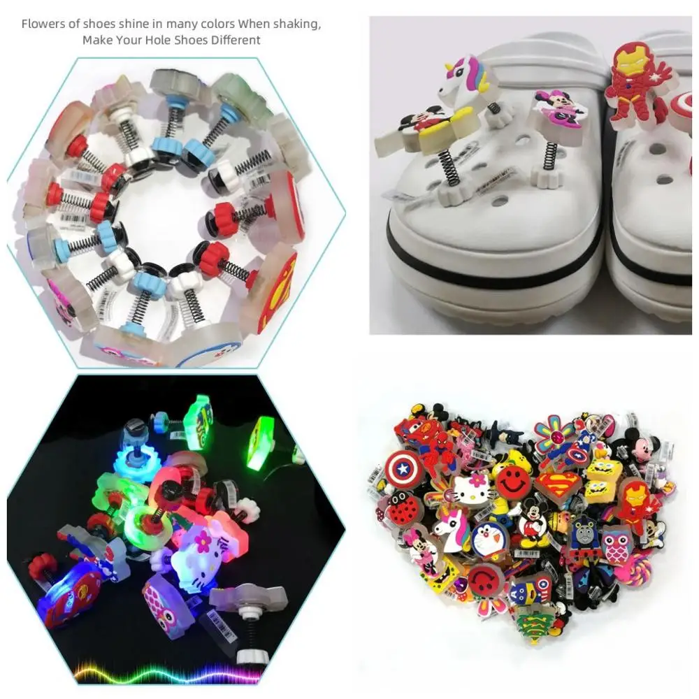 

Free DHL 200PCS LED Spring Shoe Charms PVC Shoe Buckles Doraemon Avengers Spider Man Shoe Accessories Ornaments Fit For Croc
