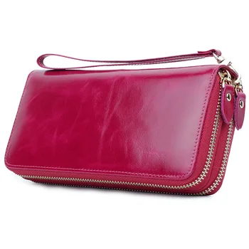 

New double zipper oil wax leather women's purse large capacity double long hand bag wallet for women clutch ba pursescoin purse