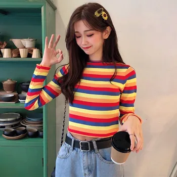 

Hot Women Autumn Winter Korean Thin Section Sweater Rainbow Stripe Print Slim Long Sleeved Round Collar Slim Bottom Knit Sweater