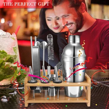 

Newly 12 Pcs Bartender Kit Cocktail Shaker Set Bar Tools with Stylish Bamboo Stand Bartending Mixing