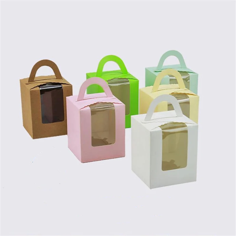

10pcs/lot Portable Cupcake Box With Transparent Window Kraft Paper Boxes Cookies Cake Packaging Box Biscuits Lovely Pastry Box