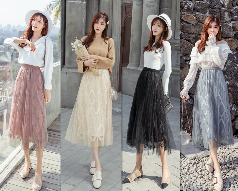 

2020 Women's Spring New Mesh Sweet Skirt Temperament Commuter Casual Loose Mid-Long Fairy Skirt
