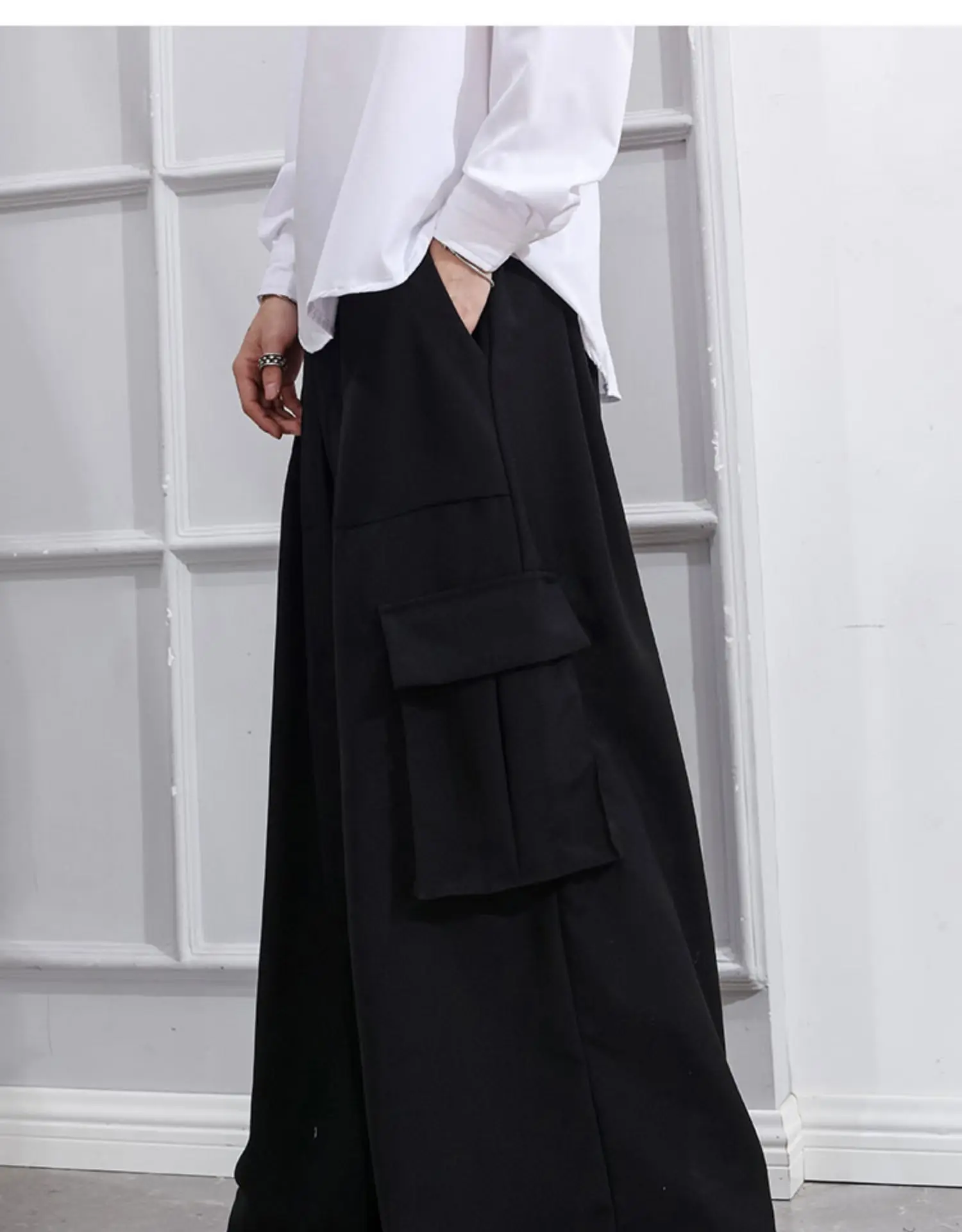 Men's pants Autumn winter belt loose bell-bottom cargo pants culottes for men casual pants large size black youth Yamamoto style