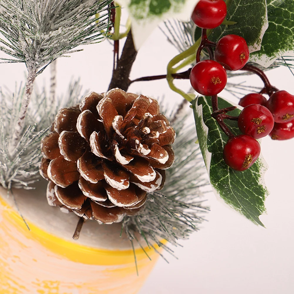 Mini Christmas Tree Ornament Sticky White Pine Needle Desktop Ornament Simulation Pine Cone Berry Decorations for Home Office O