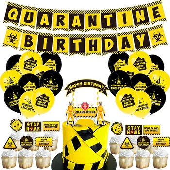 

Quarantine Party Decoration Supplies Theme Epidemic Flag Birthday Cake Balloon Set Isolated Party Tableware